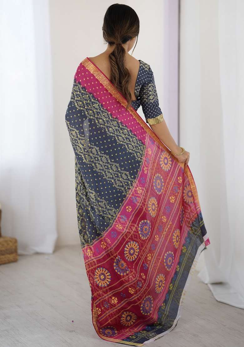Charcoal Grey Cotton Saree Set with Printed for Diwali | Wedding & Festive Wear - Indya