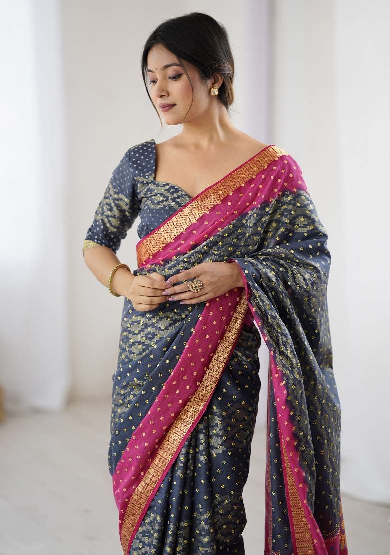 Charcoal Grey Cotton Saree Set with Printed for Diwali | Wedding & Festive Wear - Indya