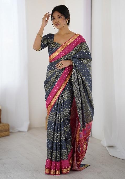 Charcoal Grey Printed Cotton Saree Set — view on Indya