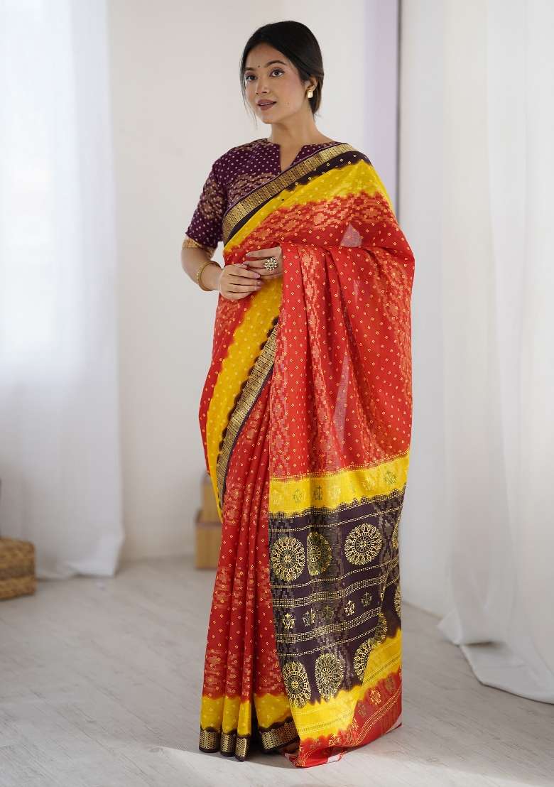 Red Cotton Saree Set with Printed for Diwali | Wedding & Festive Wear - Indya