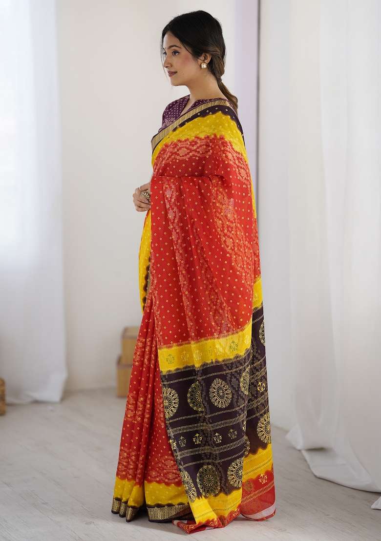 Red Cotton Saree Set with Printed for Diwali | Wedding & Festive Wear - Indya
