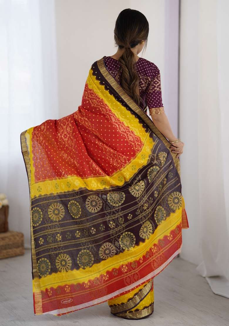 Red Cotton Saree Set with Printed for Diwali | Wedding & Festive Wear - Indya