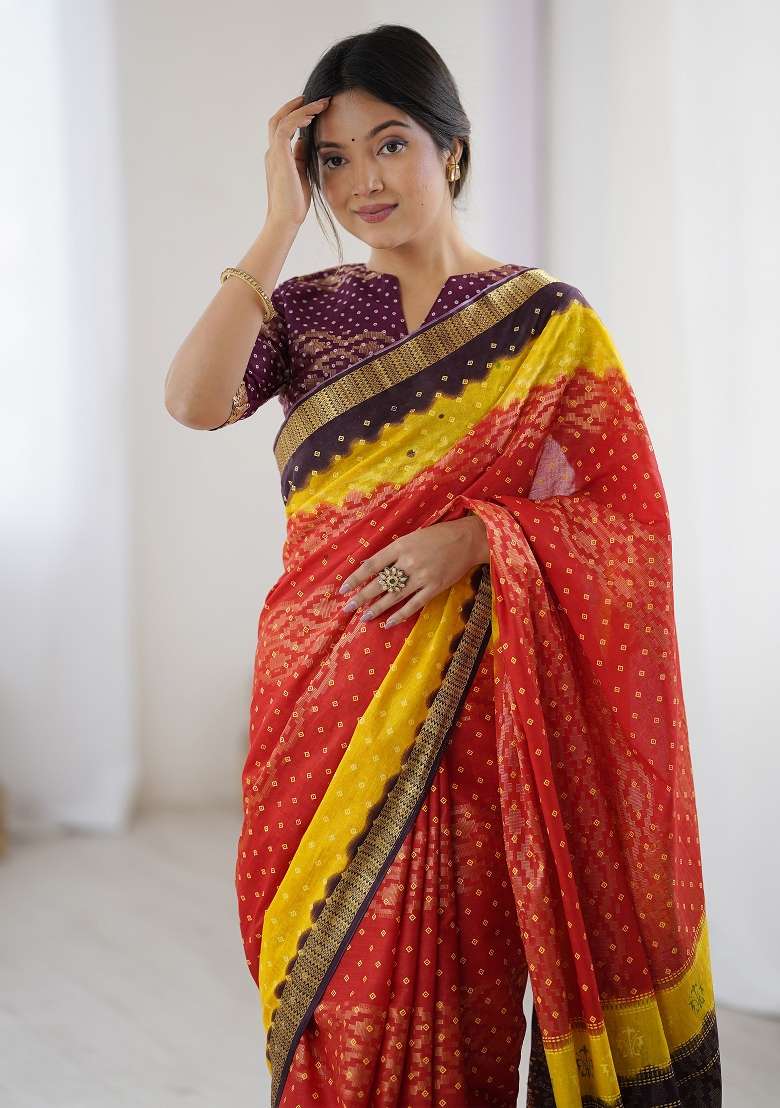Red Cotton Saree Set with Printed for Diwali | Wedding & Festive Wear - Indya