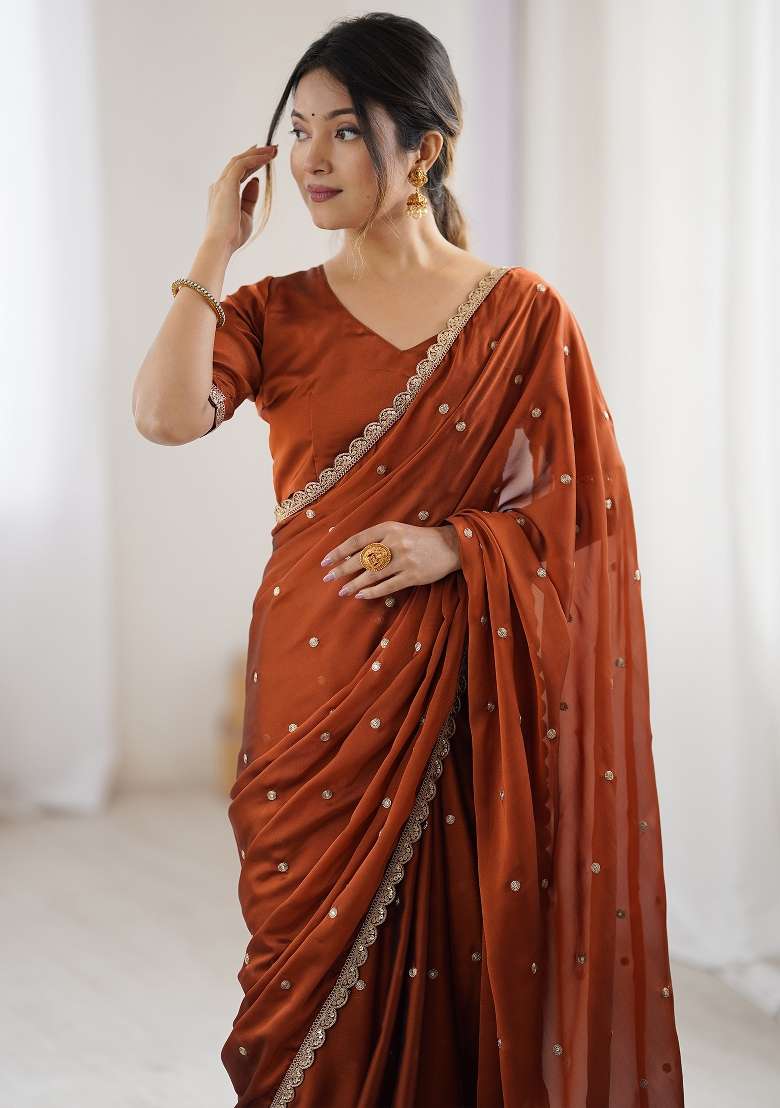 Brown Pure Georgette Saree Set with Printed for Diwali | Wedding & Festive Wear - Indya