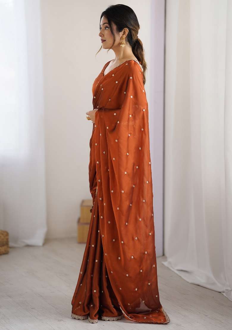 Brown Pure Georgette Saree Set with Printed for Diwali | Wedding & Festive Wear - Indya