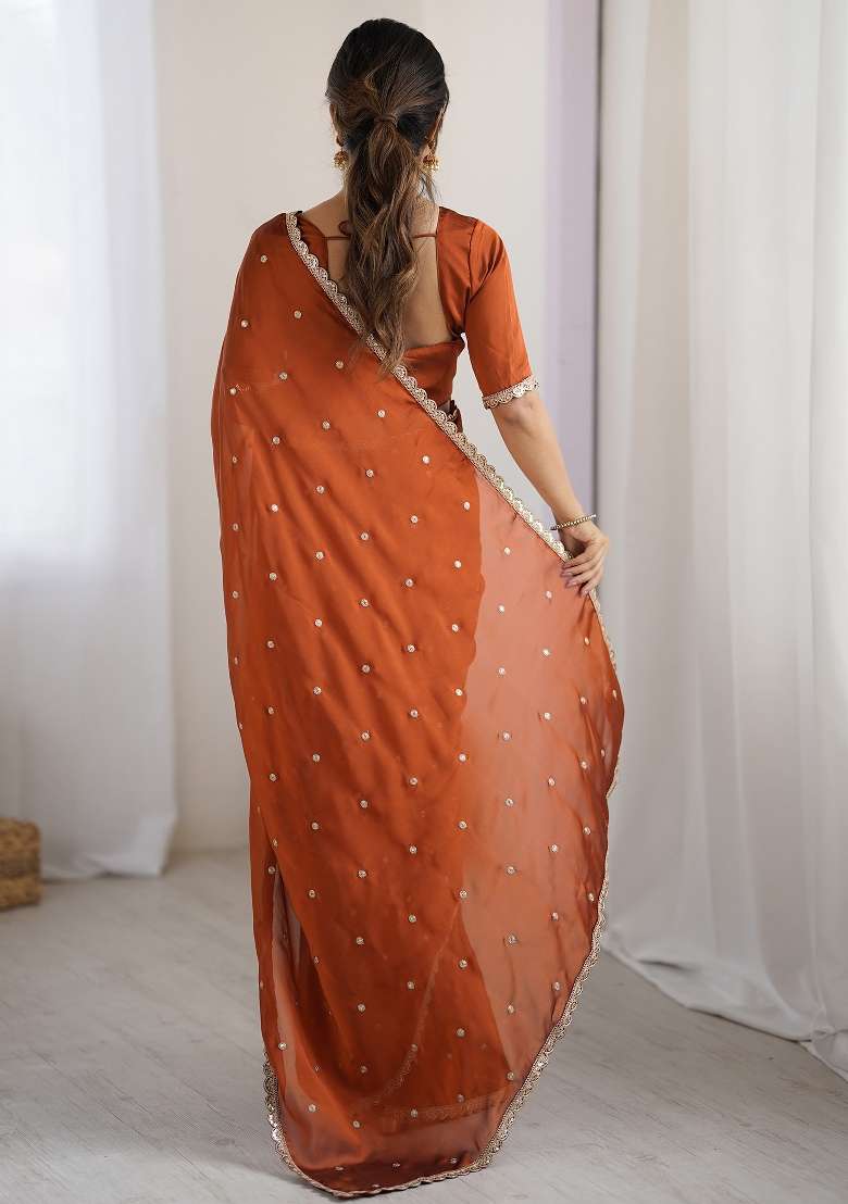 Brown Pure Georgette Saree Set with Printed for Diwali | Wedding & Festive Wear - Indya