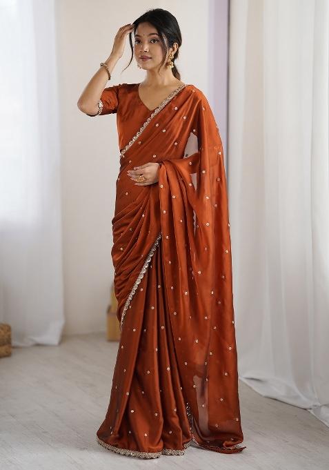 Brown Printed Pure Georgette Saree Set — view on Indya