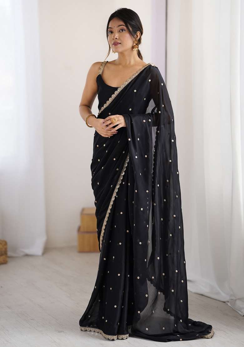 Black Printed Pure Georgette Saree Set for Diwali and Festive Wear - Indya
