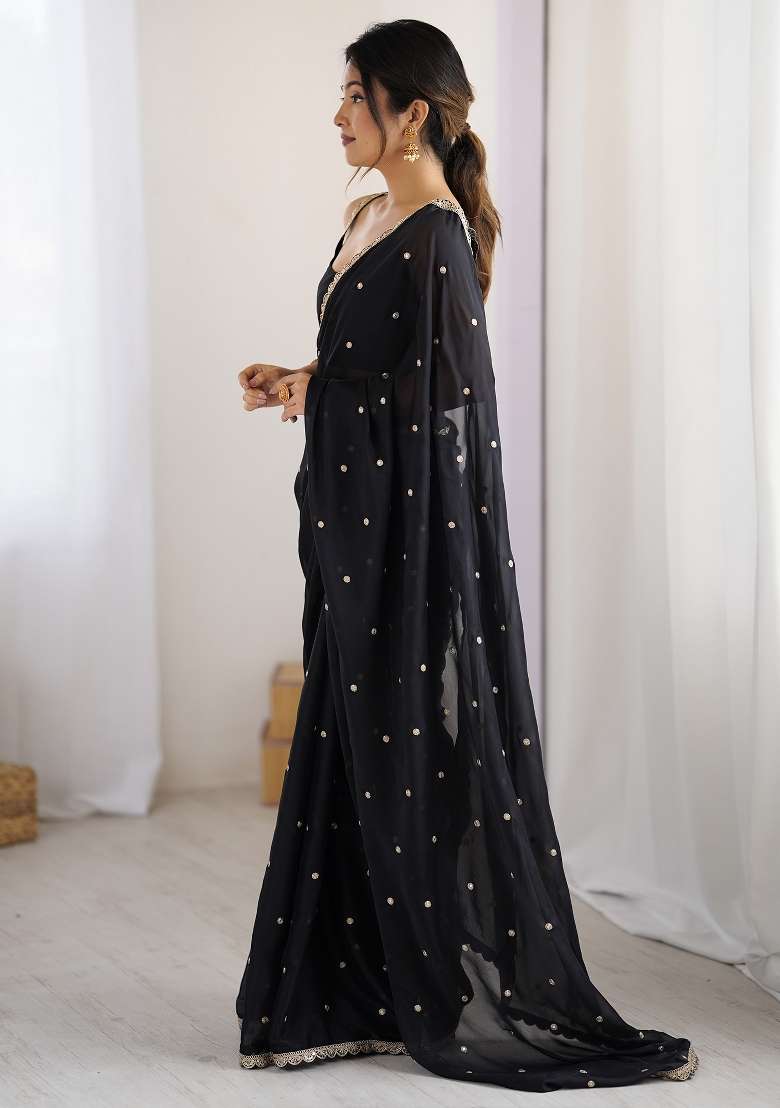 Black Printed Pure Georgette Saree Set for Diwali and Festive Wear - Indya