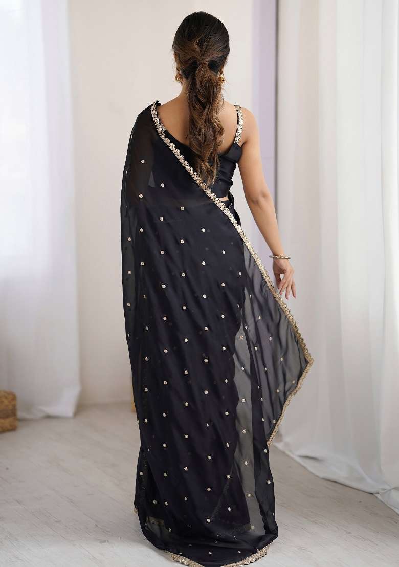 Black Printed Pure Georgette Saree Set for Diwali and Festive Wear - Indya