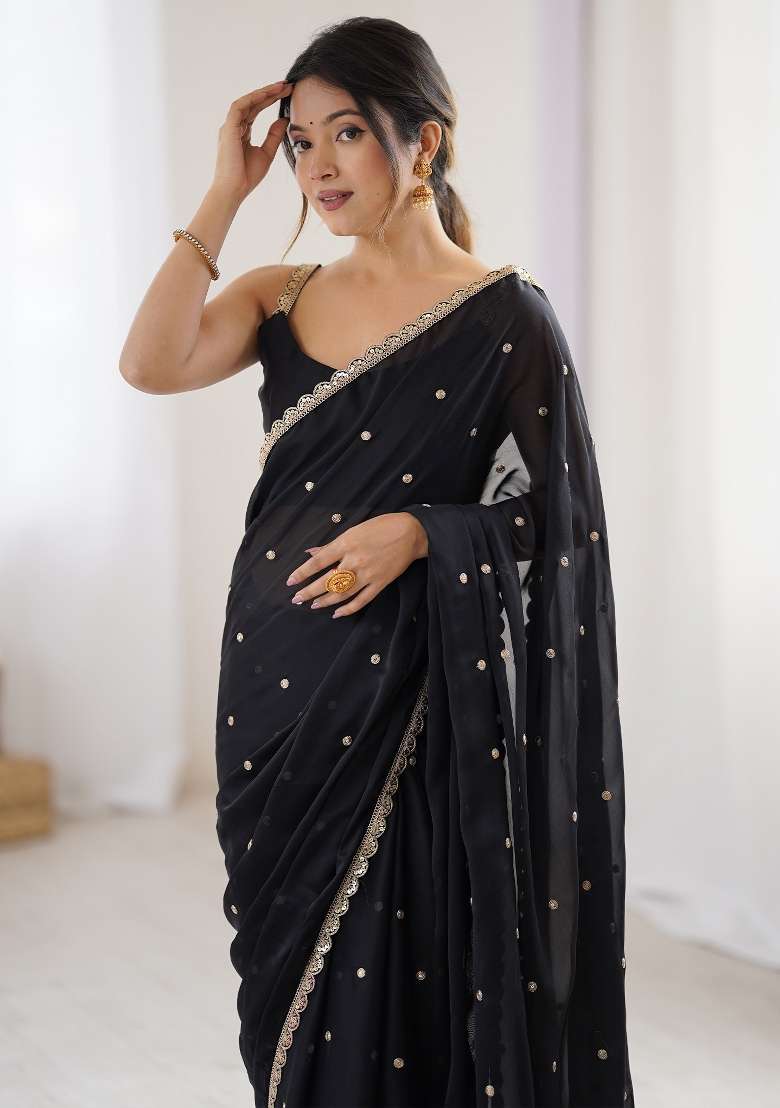 Black Printed Pure Georgette Saree Set for Diwali and Festive Wear - Indya
