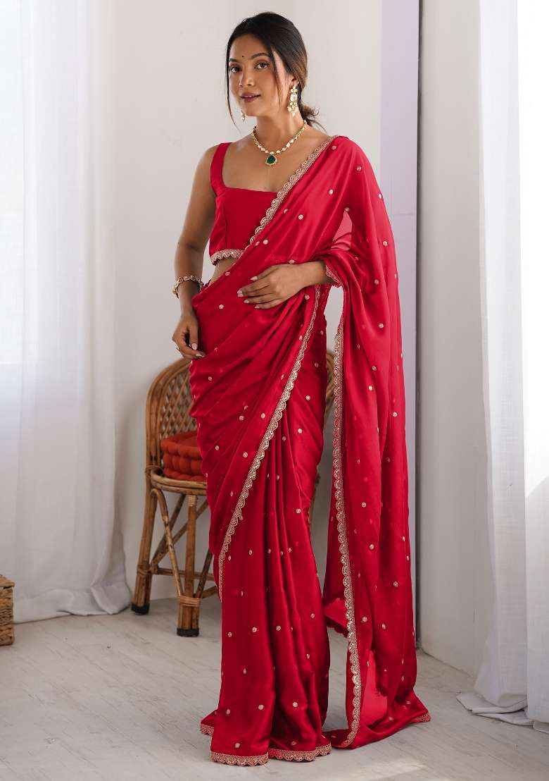 Red Printed Pure Georgette Saree Set for Diwali and Festive Wear - Indya