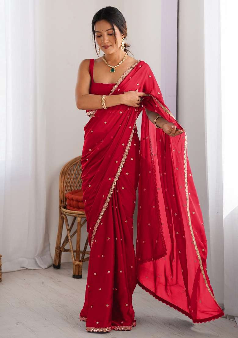 Red Printed Pure Georgette Saree Set for Diwali and Festive Wear - Indya
