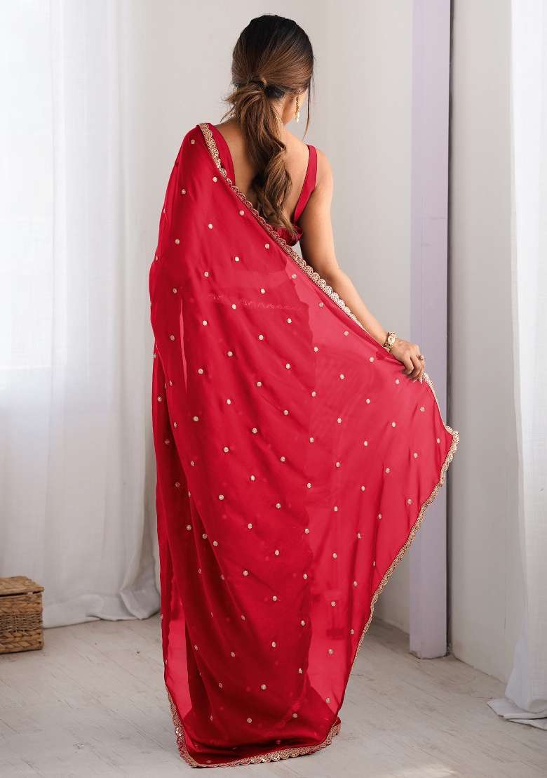 Red Printed Pure Georgette Saree Set for Diwali and Festive Wear - Indya
