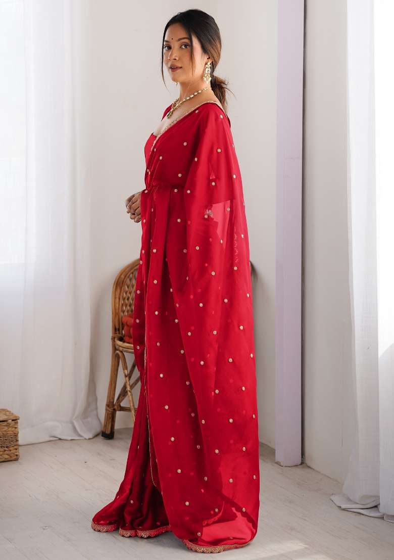 Red Printed Pure Georgette Saree Set for Diwali and Festive Wear - Indya