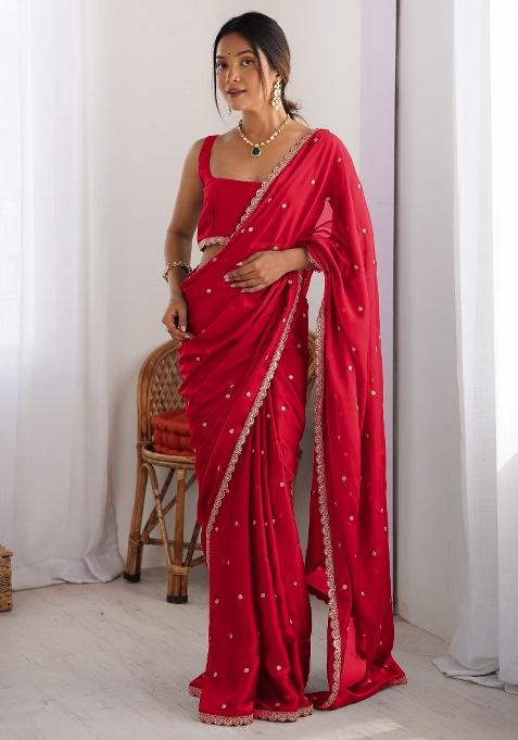 Red Printed Pure Georgette Saree Set — view on Indya