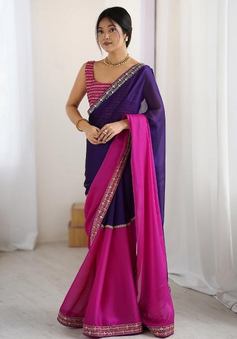 Pink Printed Pure Georgette Saree Set — view on Indya