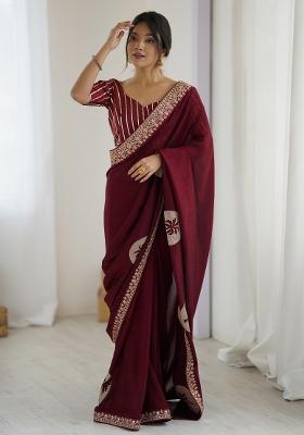 Maroon Printed Vichitra Silk Saree Set