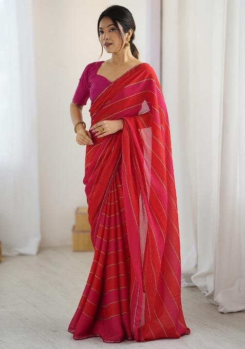 Pink Printed Georgette Saree Set