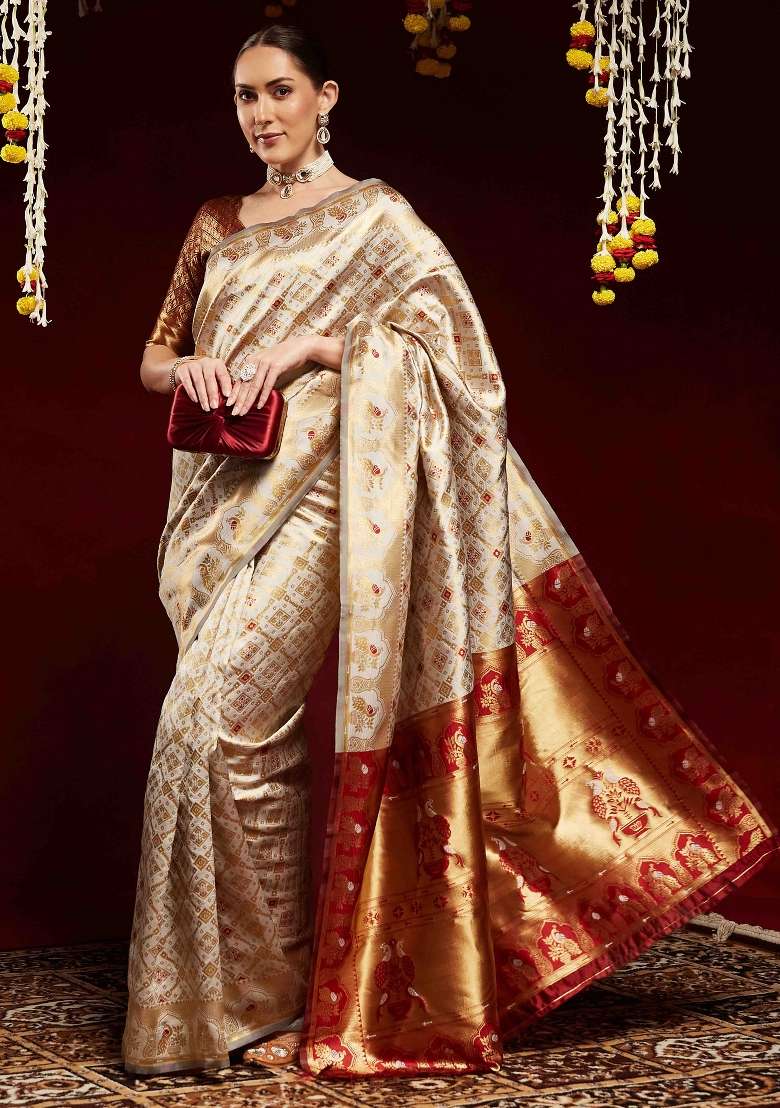 Grey Printed Litchi Silk Blend Saree Set for Diwali and Festive Wear - Indya