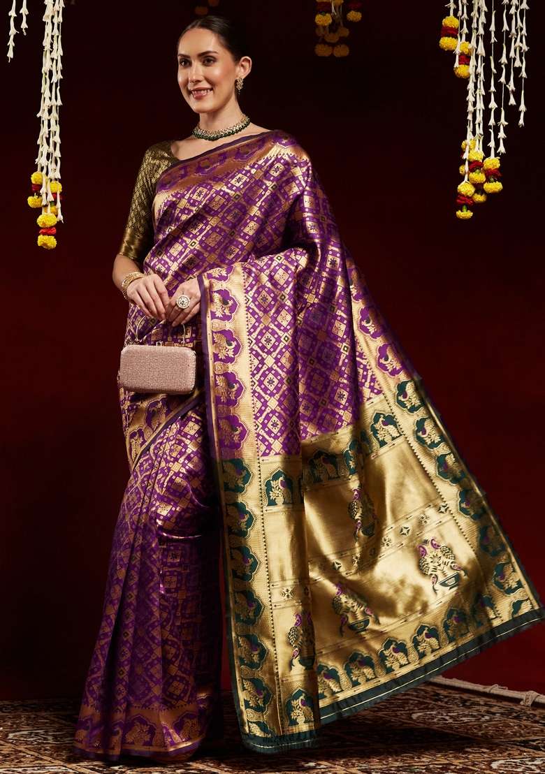 Purple Litchi Silk Blend Saree Set with Printed for Diwali | Wedding & Festive Wear - Indya