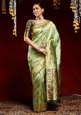 Light Green Printed Litchi Silk Saree Set