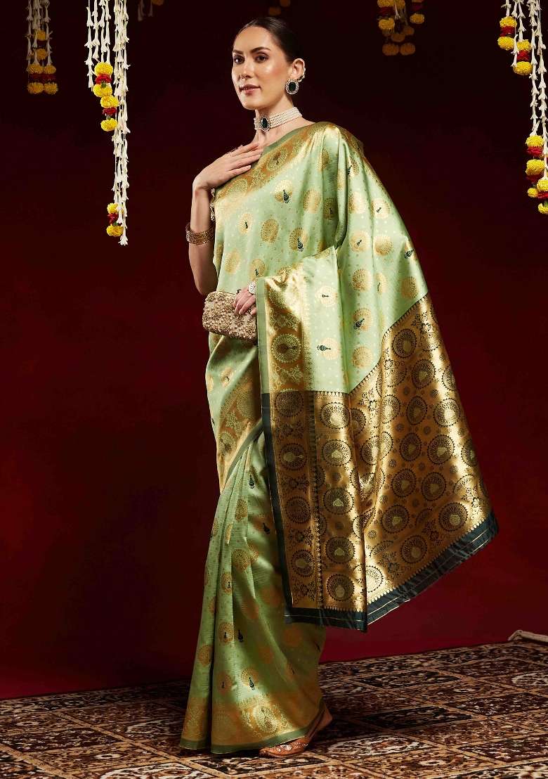 Light Green Printed Litchi Silk Blend Saree Set - Indya