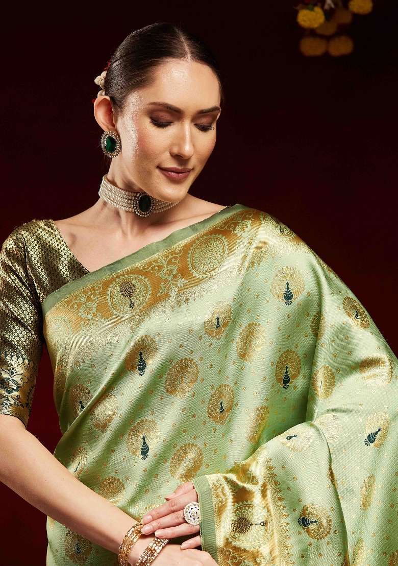 Light Green Printed Litchi Silk Blend Saree Set - Indya