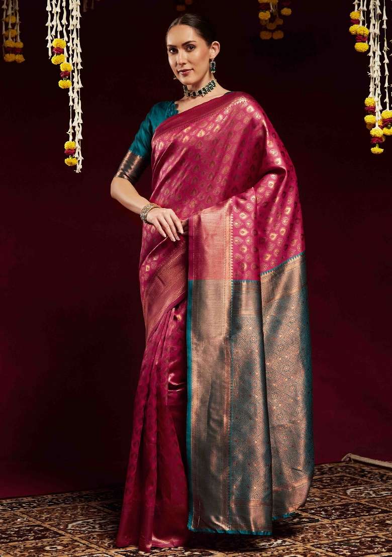 Pink Printed Litchi Silk Blend Saree Set for Diwali and Festive Wear - Indya