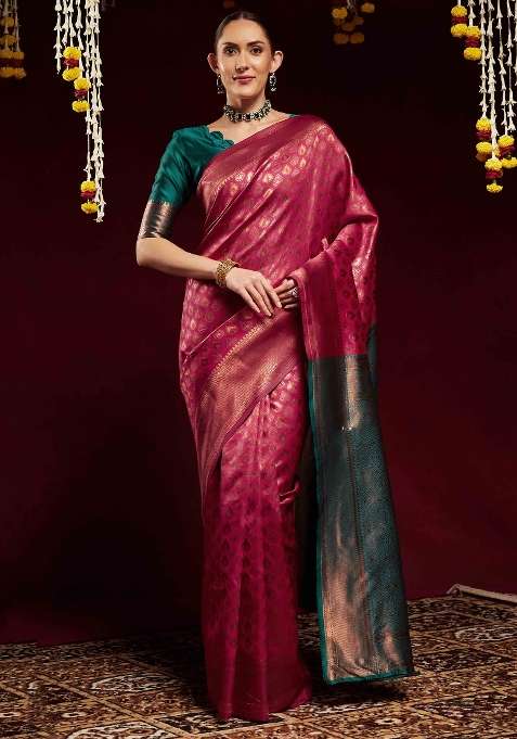 Pink Printed Litchi Silk Blend Saree Set for Diwali and Festive Wear