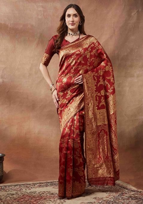 Maroon Printed Litchi Silk Blend Saree Set