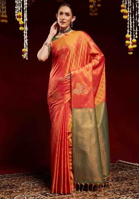 Orange Printed Soft Silk Saree Set