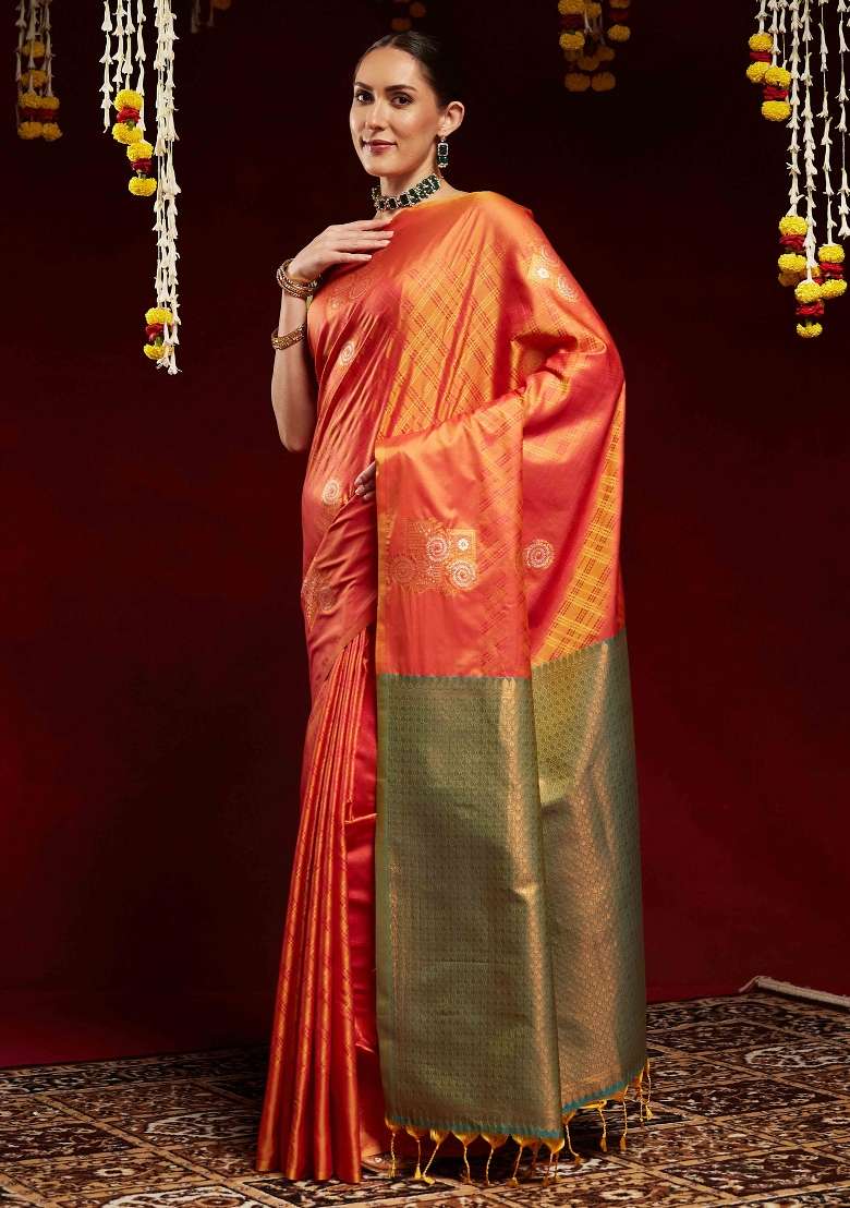 Orange Printed Soft Silk Blend Saree Set for Diwali and Festive Wear - Indya
