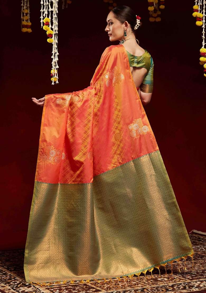 Orange Printed Soft Silk Blend Saree Set for Diwali and Festive Wear - Indya