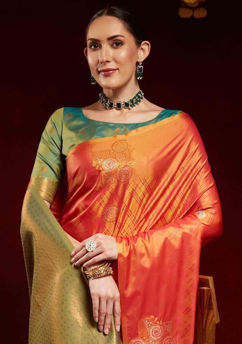 Orange Printed Soft Silk Blend Saree Set for Diwali and Festive Wear - Indya