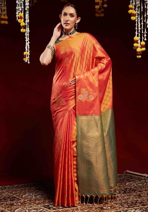 Orange Printed Soft Silk Saree Set — view on Indya