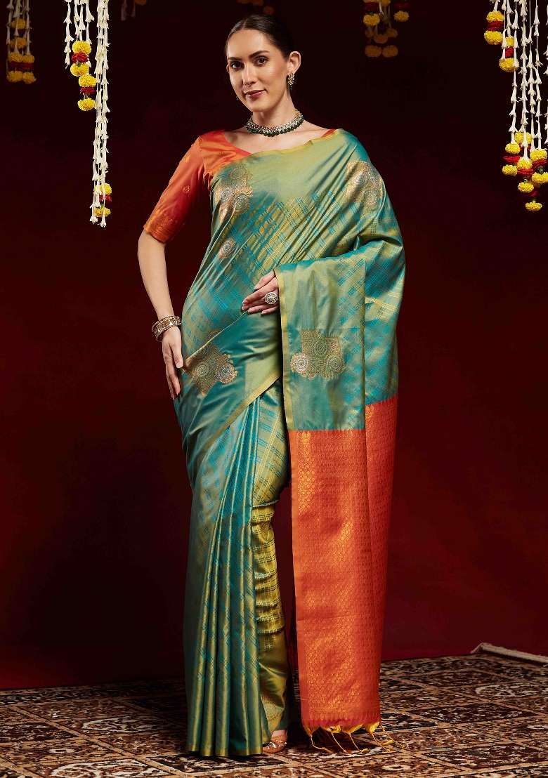 Light Green Printed Soft Silk Blend Saree Set - Indya