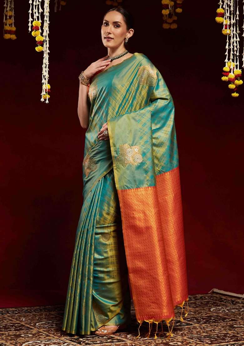 Light Green Printed Soft Silk Blend Saree Set - Indya