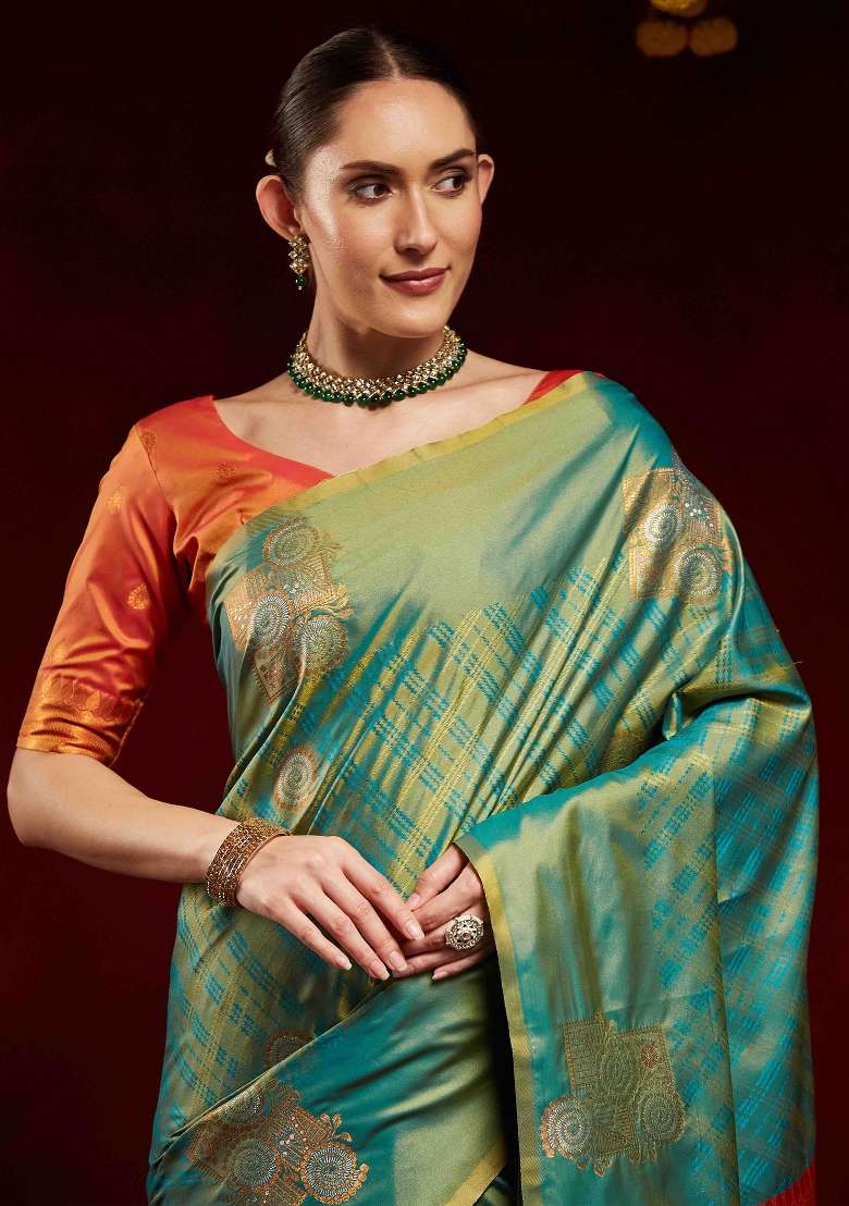 Light Green Printed Soft Silk Blend Saree Set - Indya