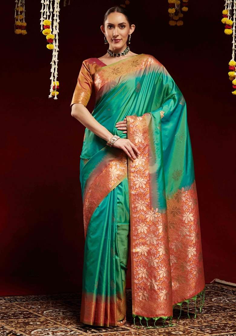 Light Green Printed Soft Silk Blend Saree Set - Indya