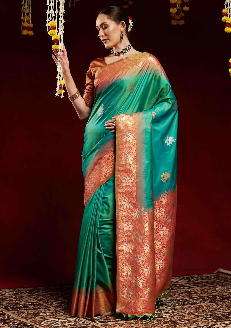 Light Green Printed Soft Silk Blend Saree Set - Indya