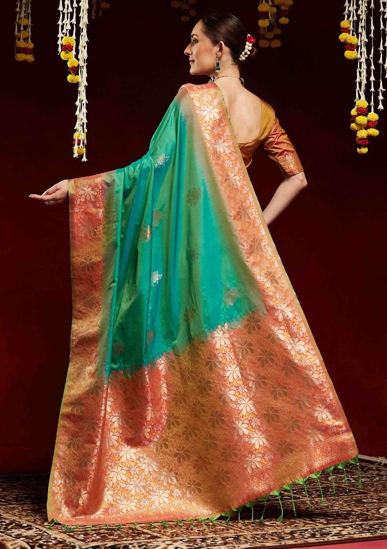Light Green Printed Soft Silk Blend Saree Set - Indya