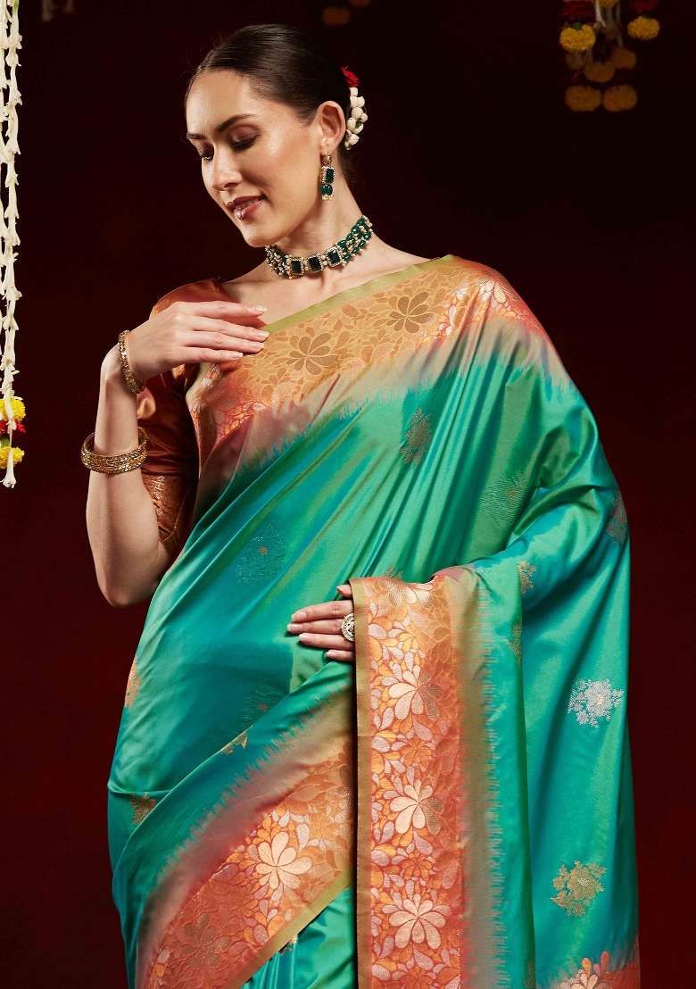 Light Green Printed Soft Silk Blend Saree Set - Indya