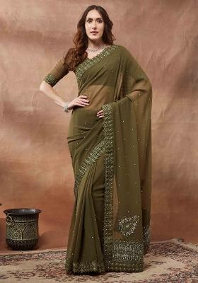 Olive Printed Georgette Saree Set