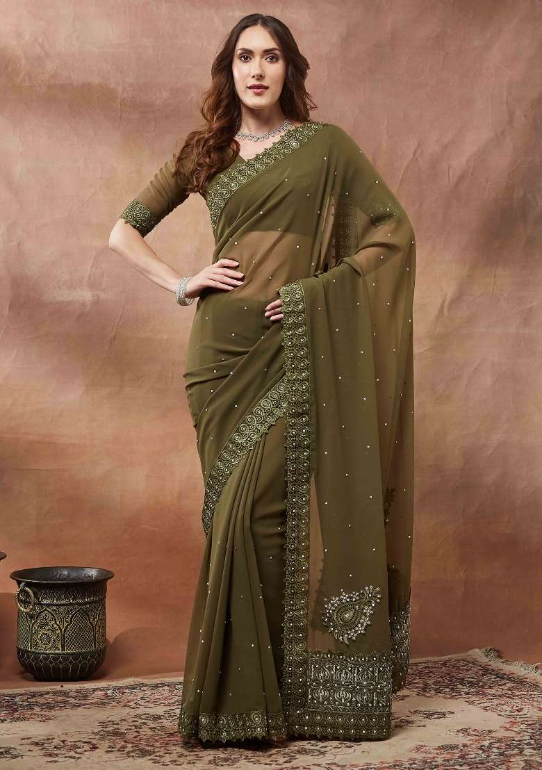 Olive Georgette Saree Set with Printed for Diwali | Wedding & Festive Wear - Indya