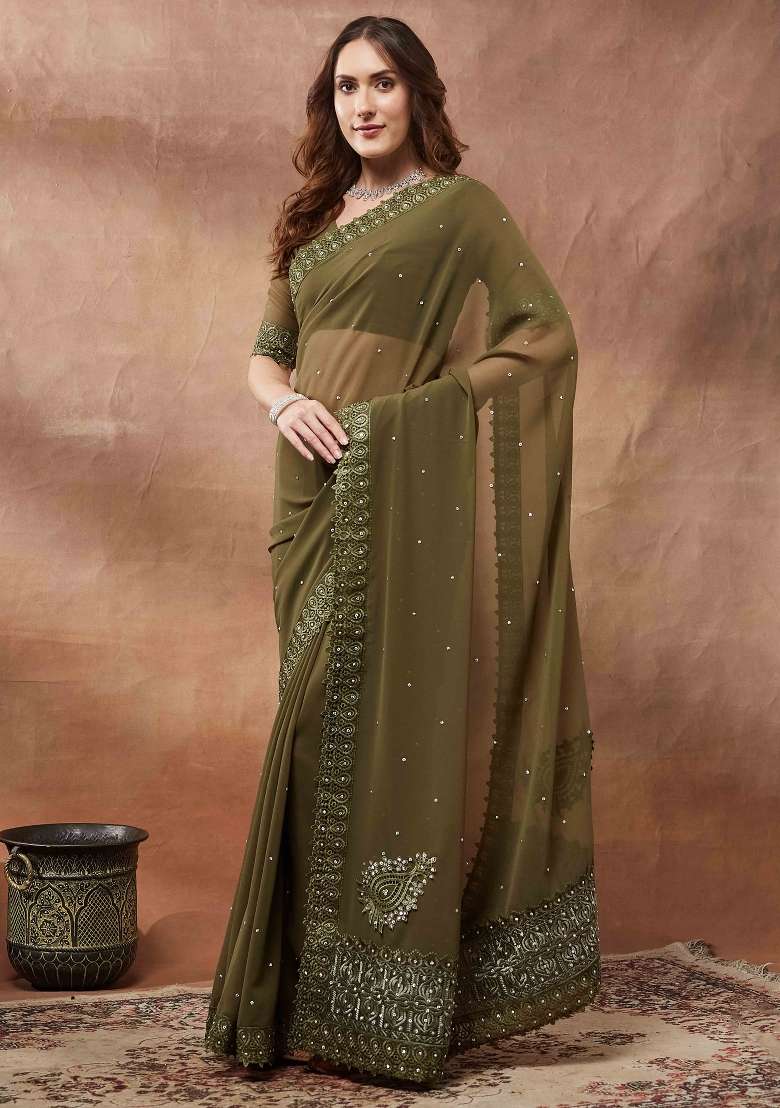 Olive Georgette Saree Set with Printed for Diwali | Wedding & Festive Wear - Indya