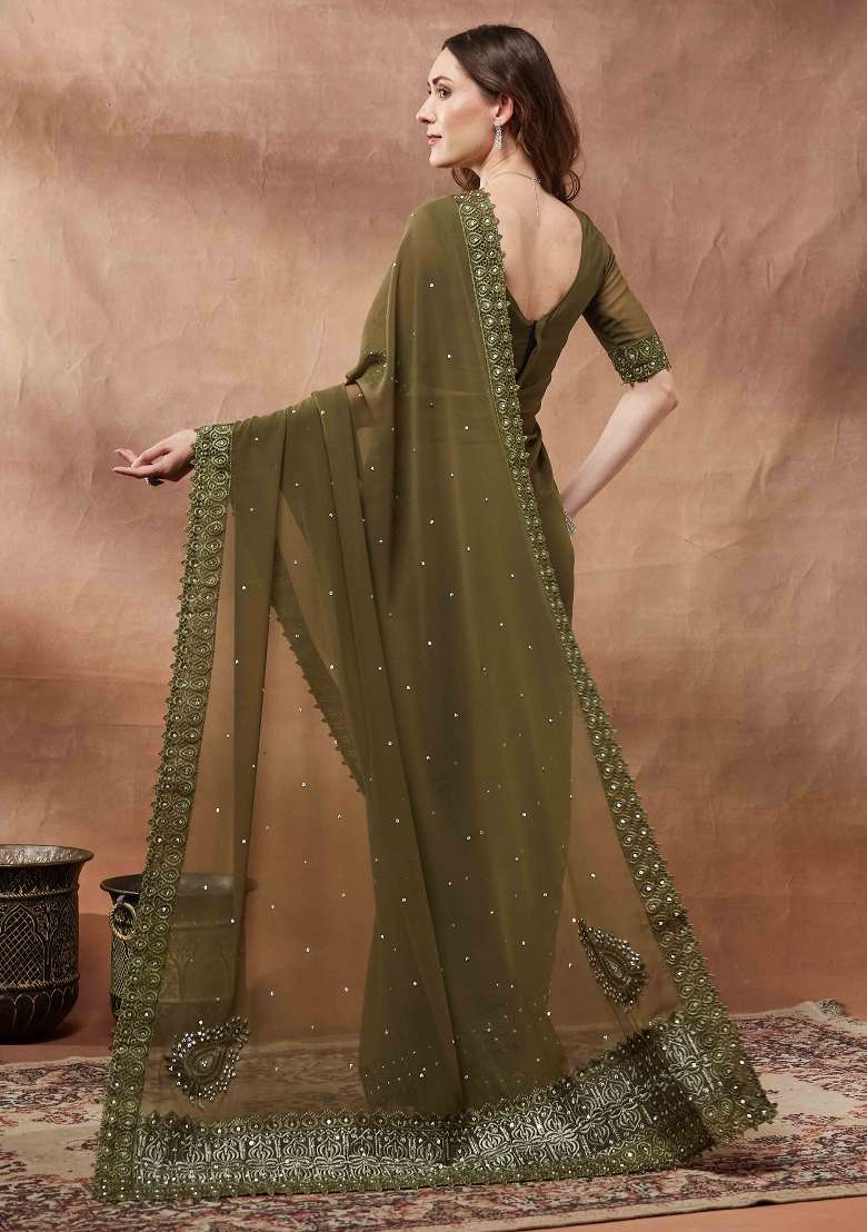 Olive Georgette Saree Set with Printed for Diwali | Wedding & Festive Wear - Indya