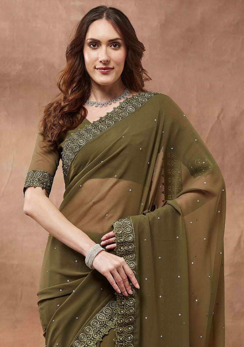 Olive Georgette Saree Set with Printed for Diwali | Wedding & Festive Wear - Indya