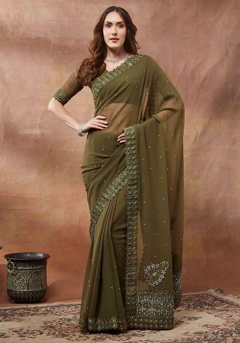 Olive Georgette Saree Set with Printed for Diwali | Wedding & Festive Wear