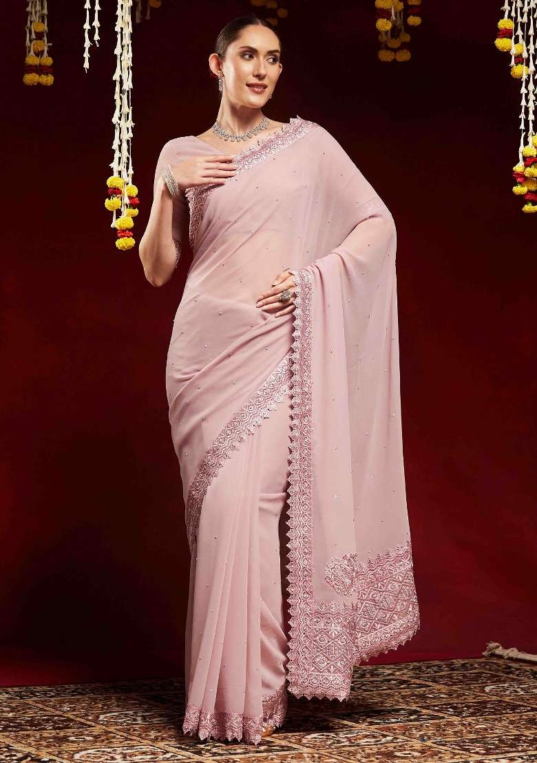 Mauve Printed Georgette Saree Set for Diwali and Festive Wear - Indya
